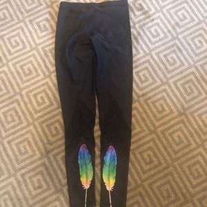 Terez Rainbow Feather Black Mesh Leggings